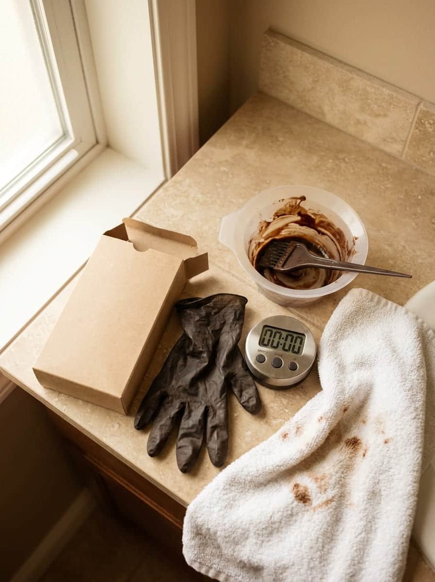 Box dye, gloves, and a stained towel, the mess of traditional gray coverage