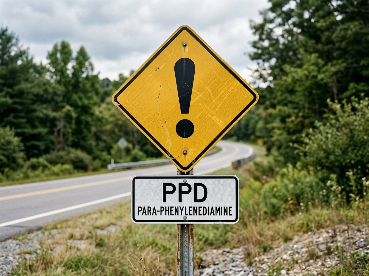 Realistic roadside hazard warning sign reading PPD, para-phenylenediamine