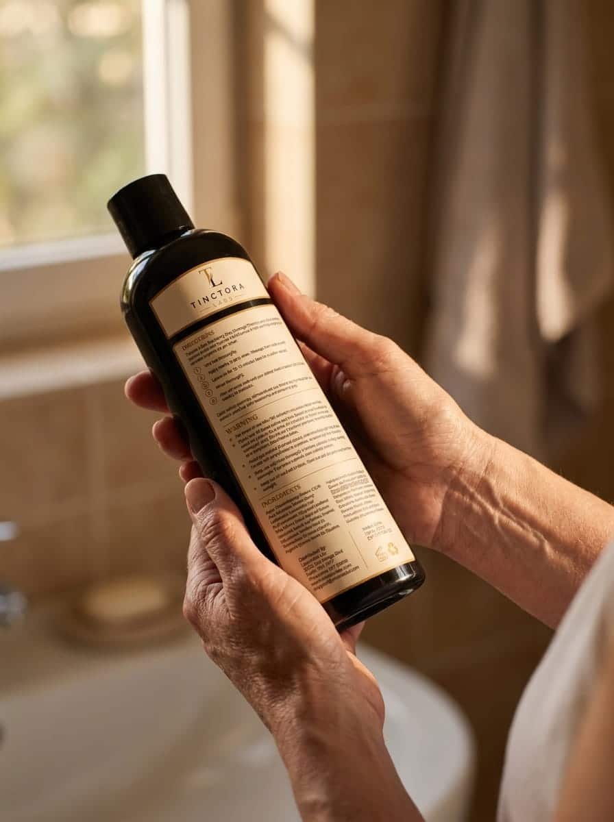 Reading the ingredient list on the back of a bottle
