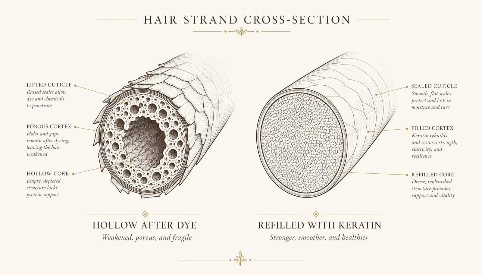 Diagram comparing a hair strand hollowed out by dye with one refilled with keratin
