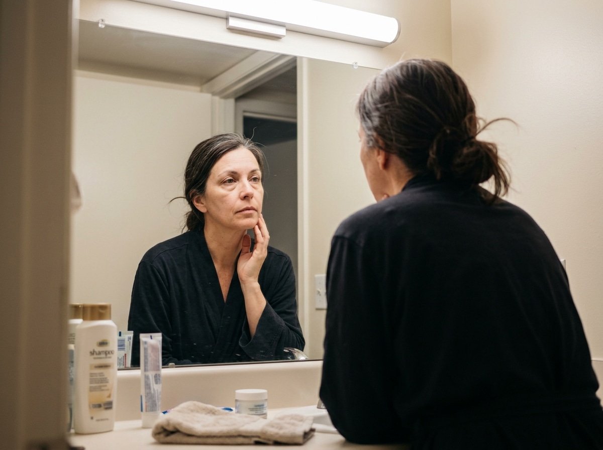 A woman in her fifties catching her reflection in a bathroom mirror